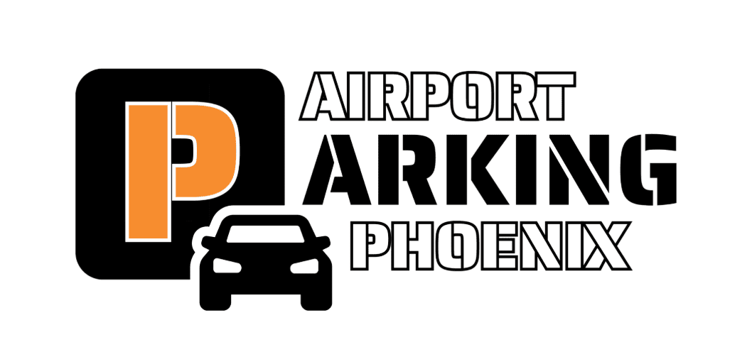 Logo with an orange P inside a black square, a black car icon, and text Airport Parking Phoenix